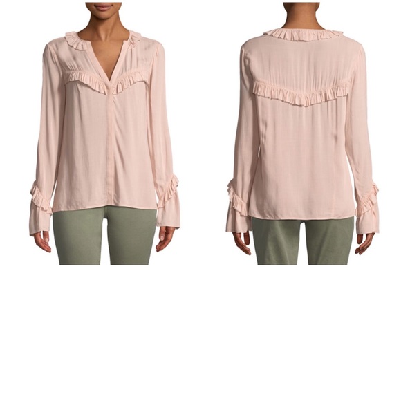 Paige Montel Ruffle Flare Cuffs Button Down V-Neck Blouse - Picture 2 of 14